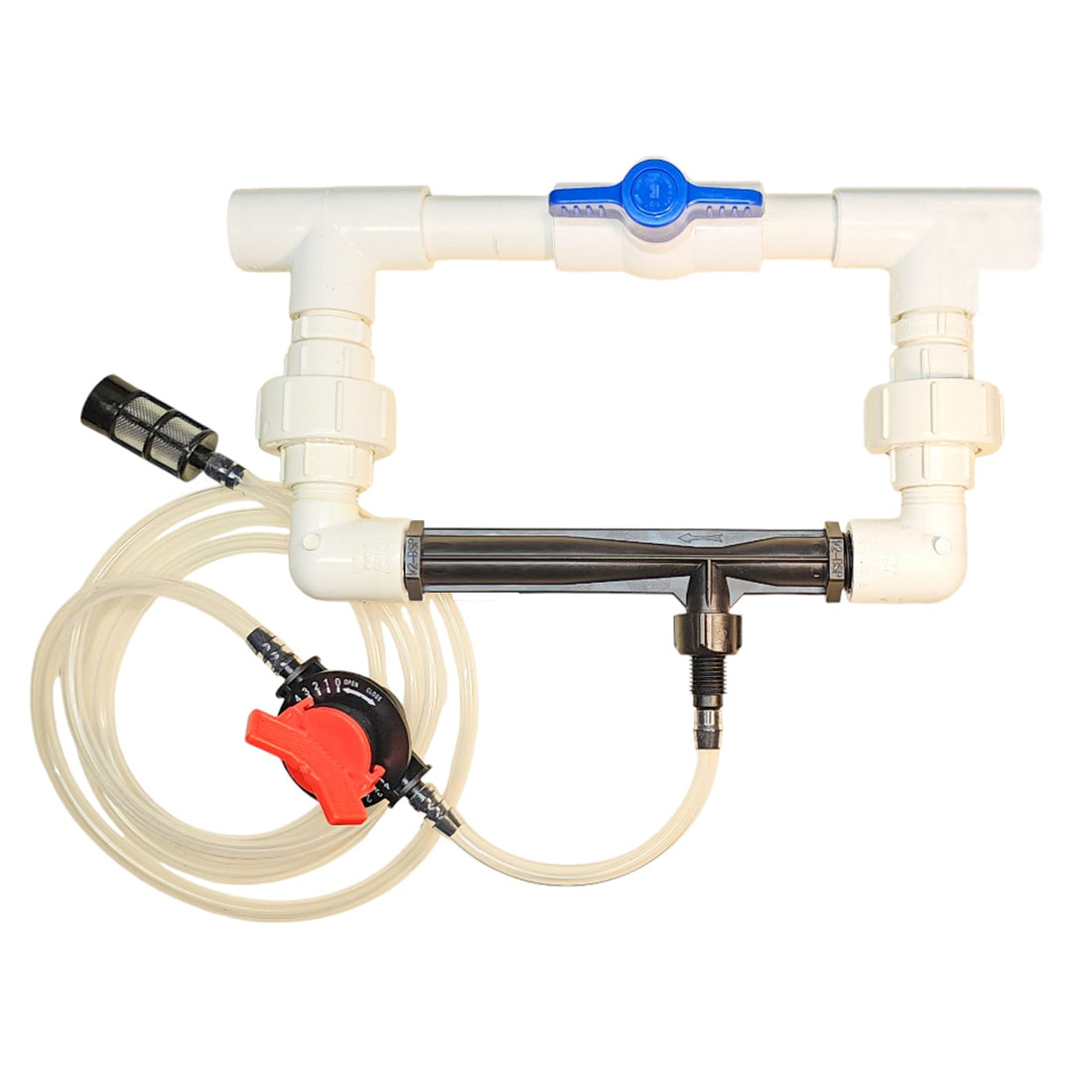 Venturi fertilizer injection system with PVC manifold for drip irrigation and fertigation