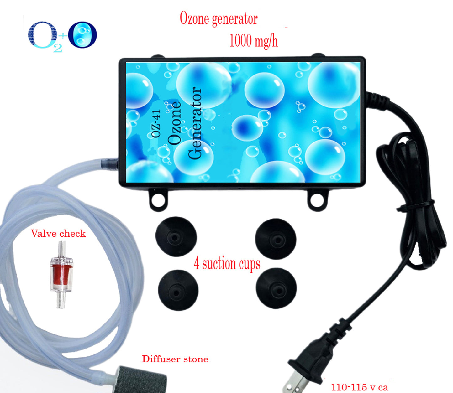 Ozone Generator for Aquariums with 4 Suction Cups 1'' Water Purifier.1000mg/h